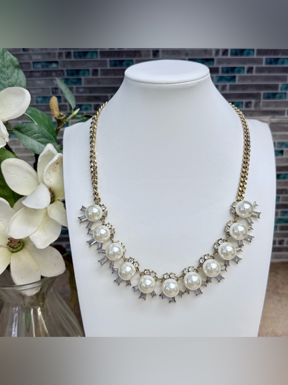 J. Crew Vintage Gold Faux Pearl Crystal Statement